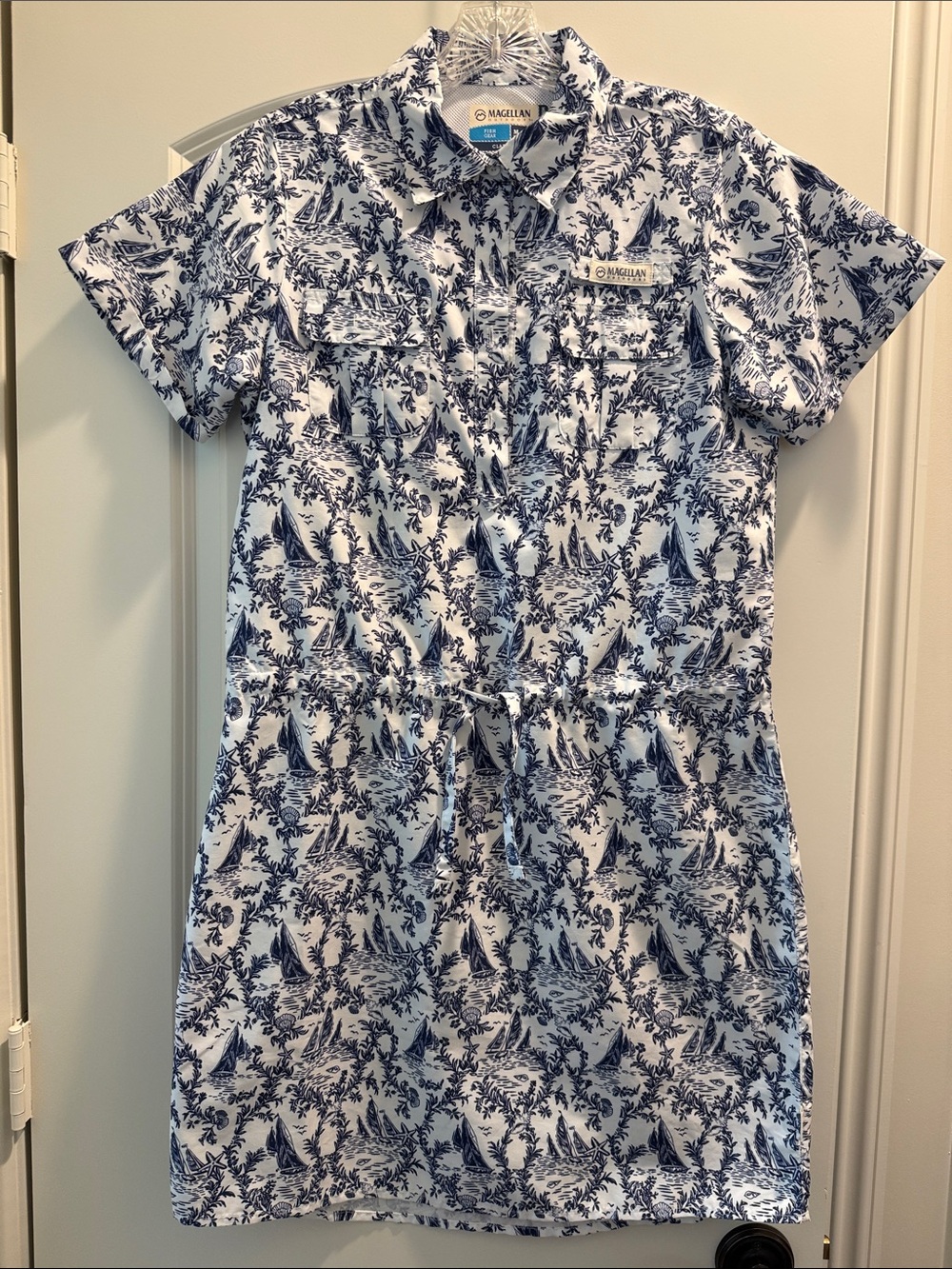 Magellan Outdoors White and Blue Sailboat Print Shirt Dress